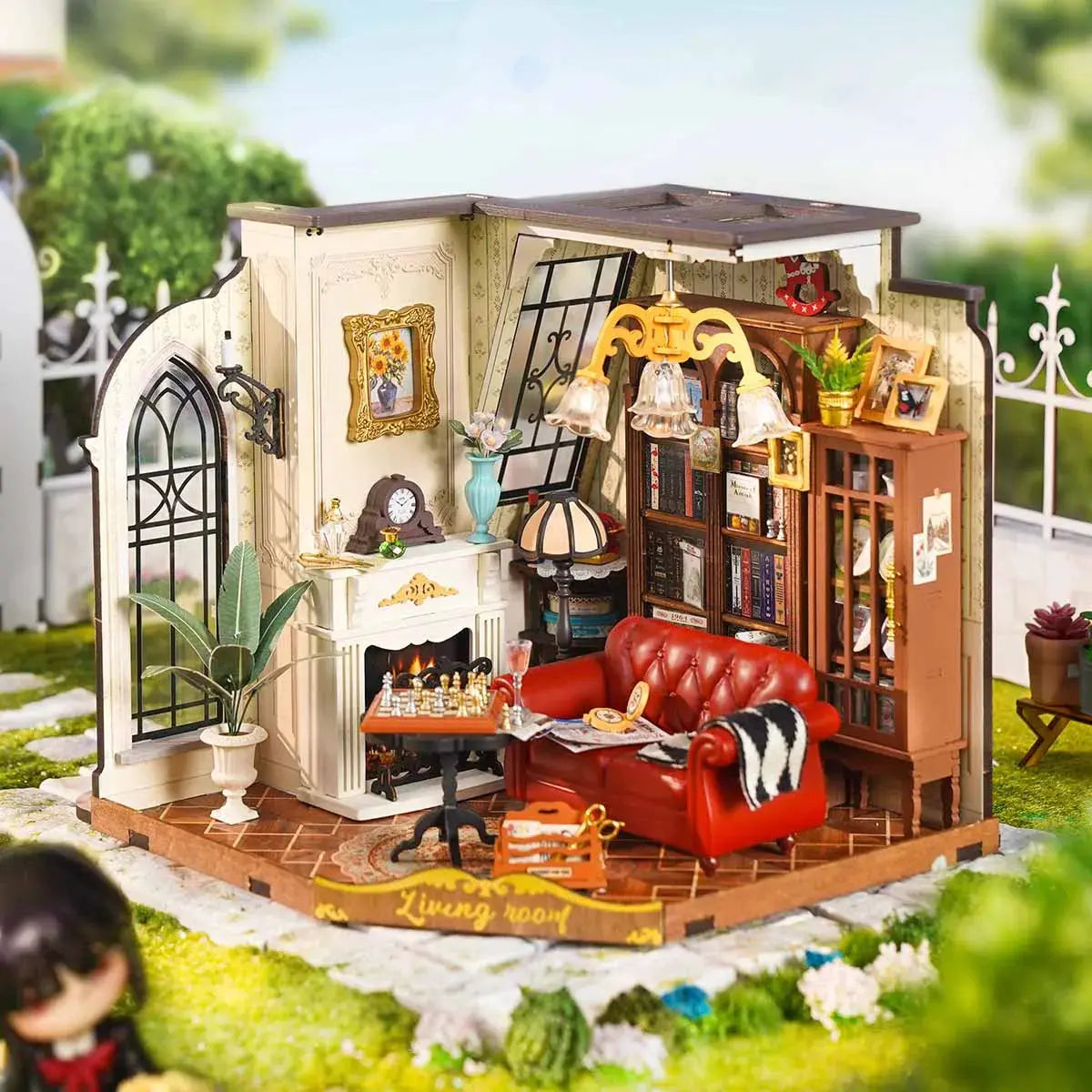 Maquette miniature à construire : maison miniature Catherine's Living Room, salon en bois avec cheminée