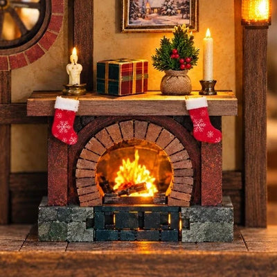 Détail de la cheminée et des chaussettes de Noël